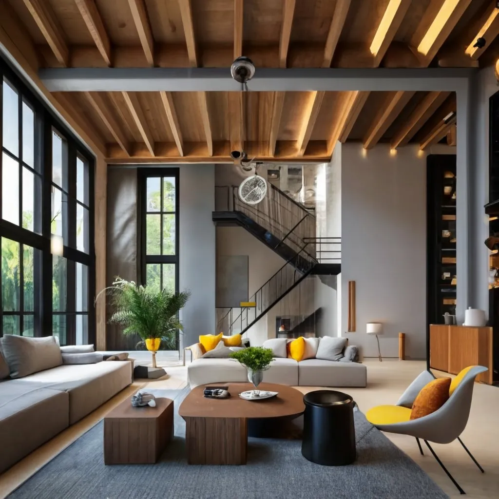 Design de espaço interno de uma casa decorada com móveis industriais.