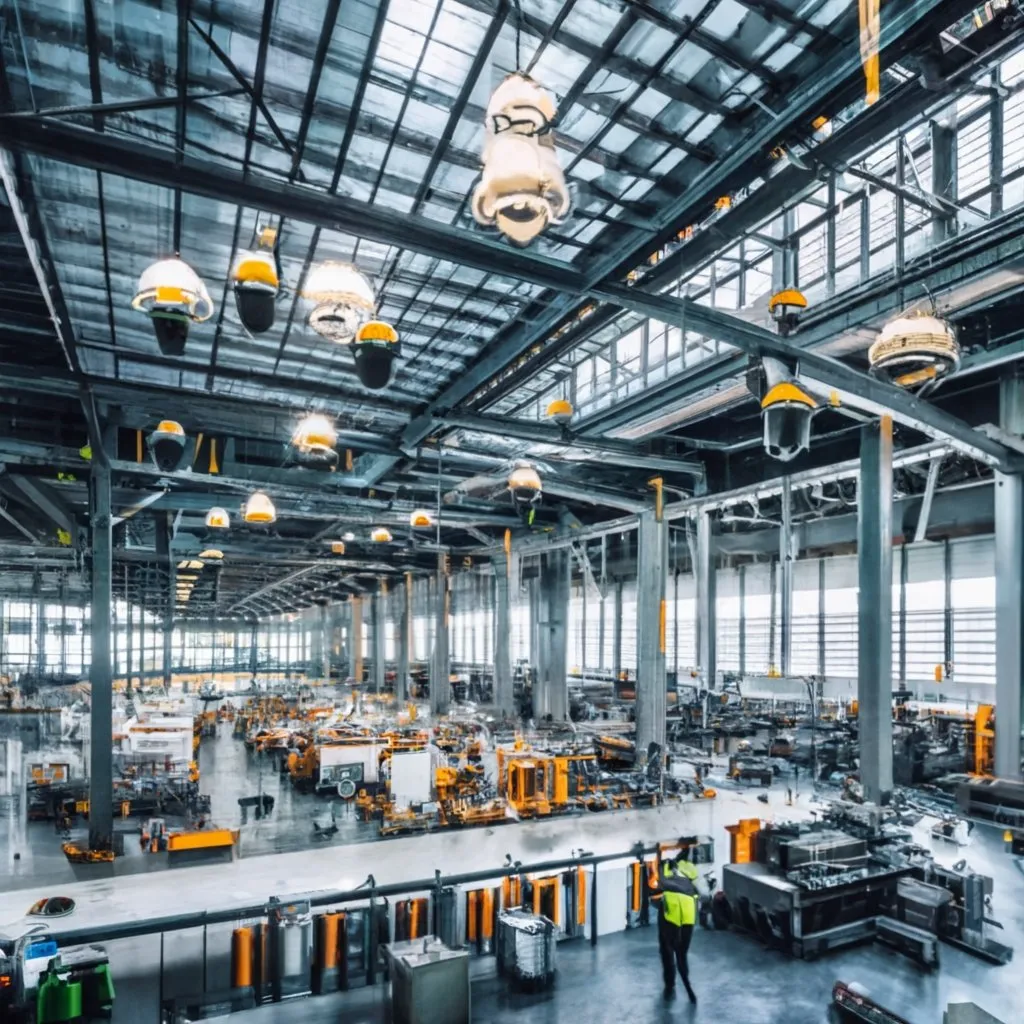 Empresa funcionando completamente com Iluminação Industrial Moderna.