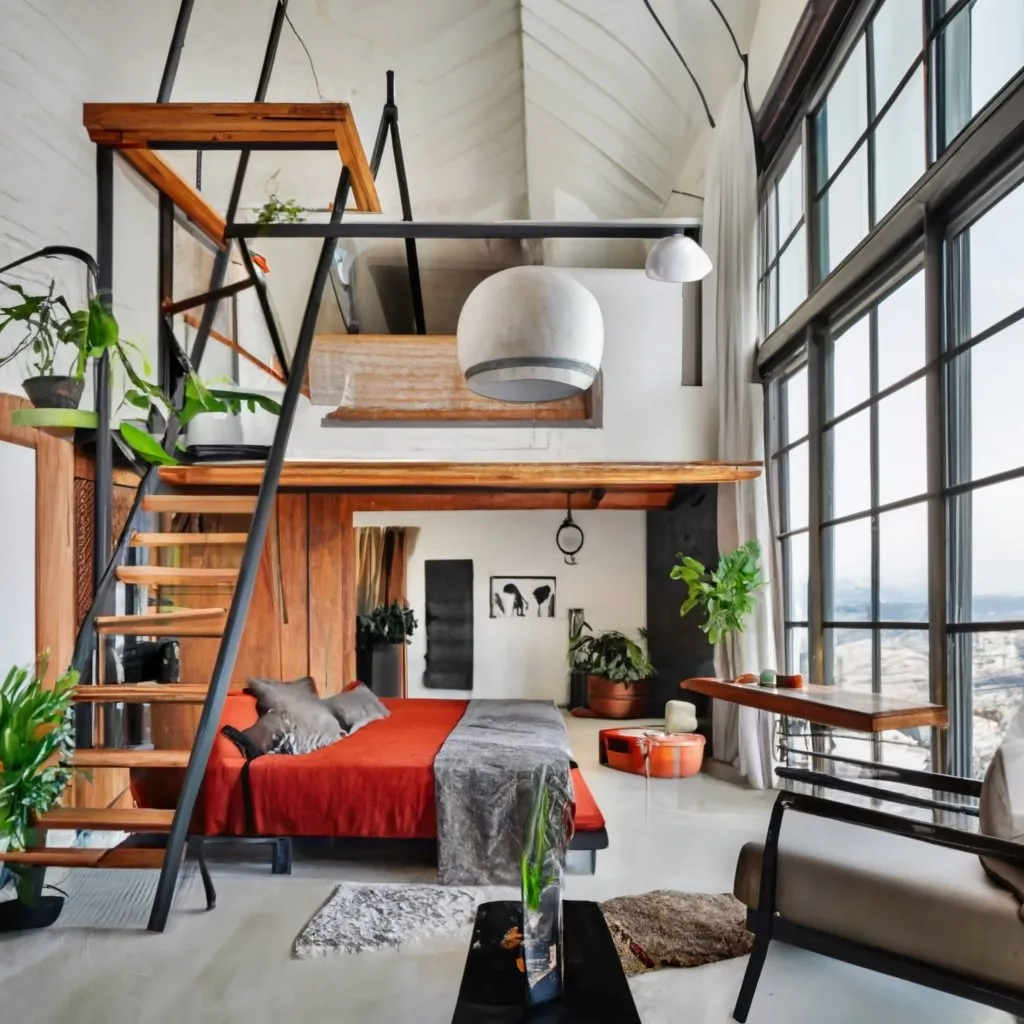 Estudio urbano decorado com móveis industriais.